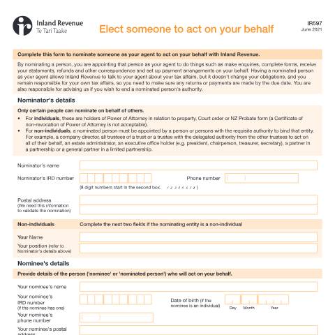 Document preview: Elect someone to act on your behalf — Managing my tax, New Zealand (CERFA n°IR597)