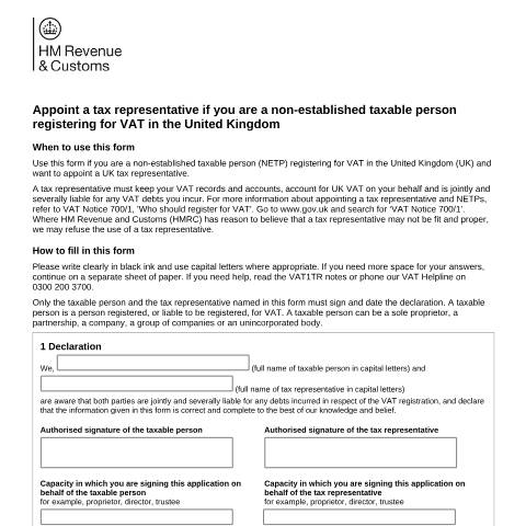 Document preview: Appoint a tax representative if you are a non-established taxable person registering for VAT in the UK — HM Revenue & Customs, United Kingdom