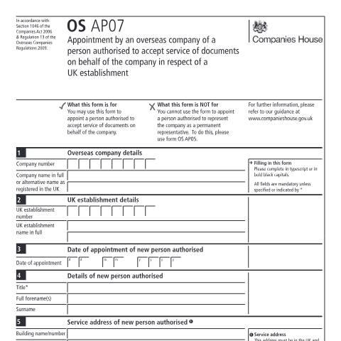 Document preview: Appoint a person authorised to accept service of documents in respect of a UK establishment (OS AP07) — Companies House, United Kingdom