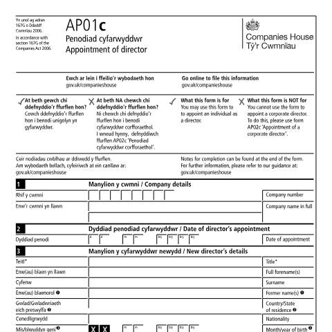 Document preview: Appoint a director for a Welsh jurisdiction company (AP01c) — Companies House, United Kingdom