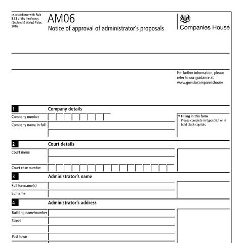 Document preview: Give notice of approval of administrator's proposals (AM06) — Companies House, United Kingdom