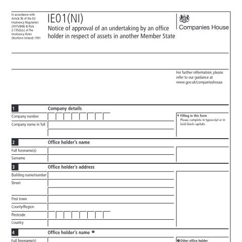 Document preview: Give notice of approval of an undertaking for assets in another member state (IE01(NI)) — Companies House, United Kingdom