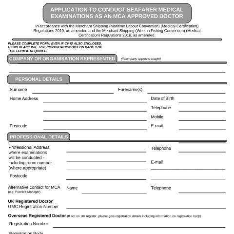 Document preview: Approved doctor application form — Maritime and Coastguard Agency, United Kingdom