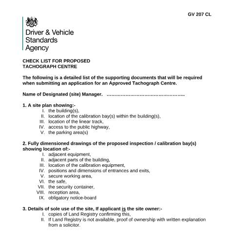 Document preview: Approved Tachograph Centre (ATC): checklist for proposed centres — Driver and Vehicle Standards Agency, United Kingdom