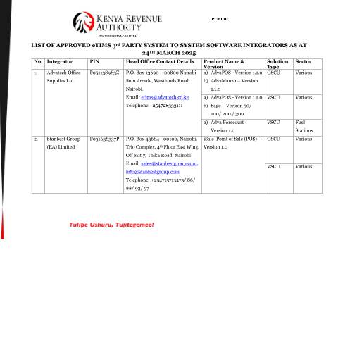 Document preview: enlist the services of KRA-verified third-party integrators. — Document, Kenya (CERFA n°List-of-Approved-eTIMS-3rd-party-integrators-as-at-24th-March-2025)