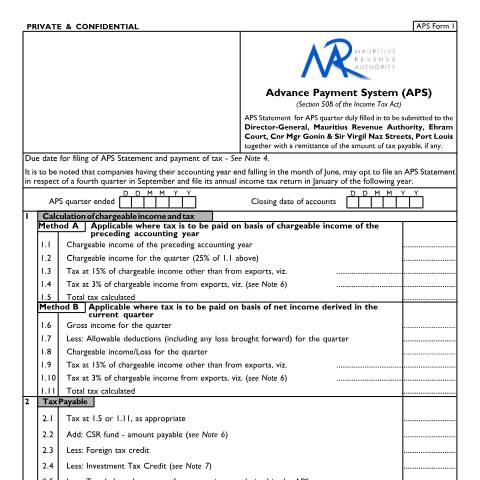 Document preview: APS Form — Form, Mauritius (CERFA n°APSReturn)
