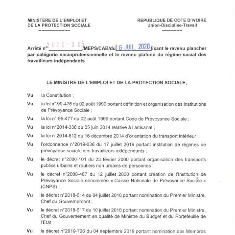 Aperçu du document Arrêté revenu plancher RSTI — Document CNPS (prévoyance sociale), Côte d'Ivoire