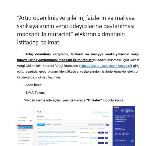 Document preview: Artıq ödənilmiş vergilərin qaytarılması məqsədi ilə müraciətin təqdim edilməsi — Digər vergi/rəsmi sənədlər (autres documents fiscaux/officiels), Azərbaycan