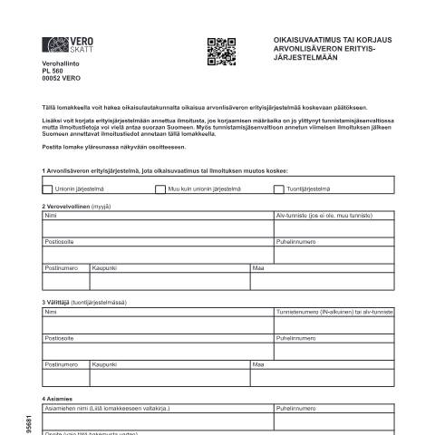 Document preview: Arvonlisäveron erityisjärjestelmä oikaisuvaatimus (9568) — Arvonlisäveron erityisjärjestelmä oikaisuvaatimus (9568), Suomi (CERFA n°Vero 9568)