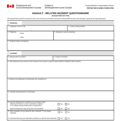 Document preview: Assault - Related Incident Questionnaire — Labour, Canada (CERFA n°LAB1079)