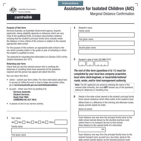 Document preview: Assistance for Isolated Children (AIC) - Marginal Distance Confirmation — Services Australia — Individuals (by code), Australia (CERFA n°SY069)