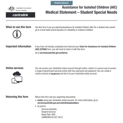 Document preview: Assistance for Isolated Children (AIC) medical statement - Student special needs — Services Australia — Individuals (by code), Australia (CERFA n°SY099)