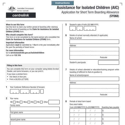 Document preview: Assistance for Isolated Children (AIC) - Application for Short Term Boarding Allowance — Services Australia — Individuals (by code), Australia (CERFA n°SY068)