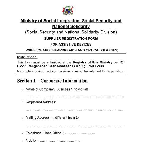 Document preview: Registration Form for Assistive Device — Form, Mauritius (CERFA n°Registration-Form-for-Assistive-Device)