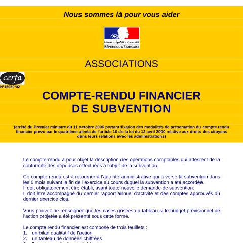 Aperçu du document Association : compte-rendu financier de subvention — Particuliers, France (CERFA n°15059*02)