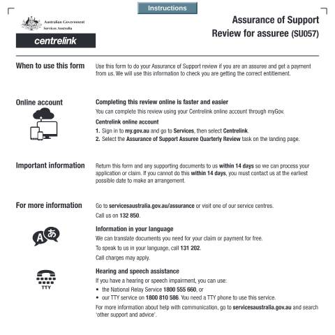 Document preview: Assurance of Support - Review for Assuree — Services Australia — Individuals (by code), Australia (CERFA n°SU057)