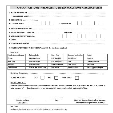Document preview: ASYCUDA Application Forms for Customs Staff Only — ASYCUDA & System Access, Sri Lanka