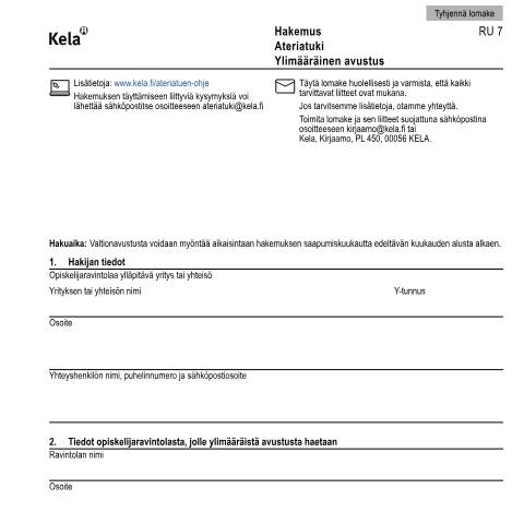 Document preview: Hakemus - Ateriatuki - Ylimääräinen avustus — Kumppanit, Suomi (CERFA n°Kela RU 7)