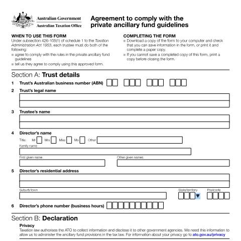Document preview: Agreement to comply with the private ancillary fund guidelines — ATO — Not-for-profit, Australia (CERFA n°NAT 73400)