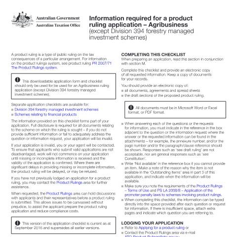 Document preview: Information required for a product ruling application – Agribusiness (except Division 394 forestry managed investment schemes) — ATO — Non-commercial business losses, Australia