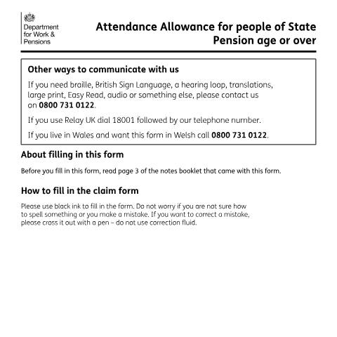 Document preview: Attendance Allowance claim form — Department for Work and Pensions, United Kingdom