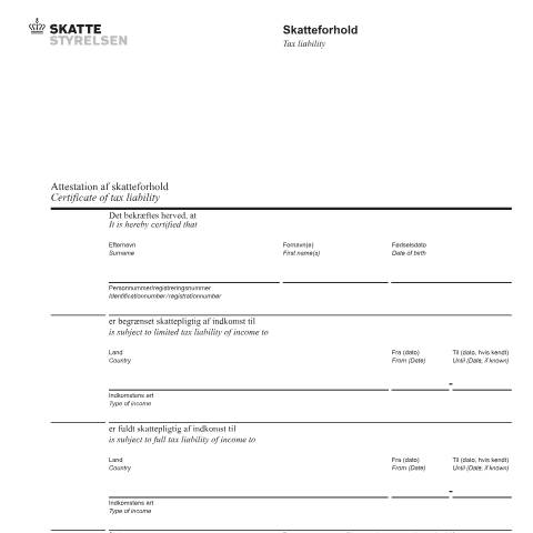 Document preview: Certificate of tax liability / Attestation af skatteforhold — 02 Tax: certificates, Danmark (CERFA n°02.044)