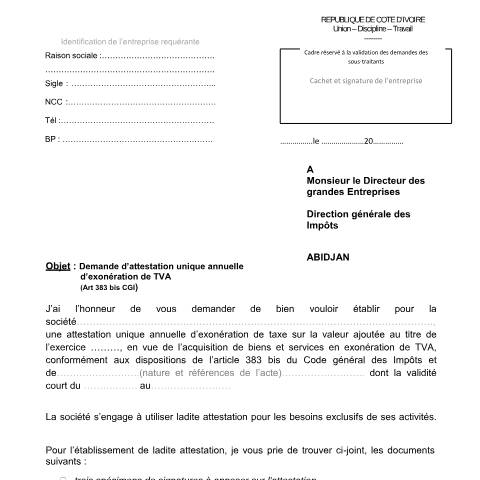 Aperçu du document 09 DEMANDE DATTESTATION UNIQUE ANNUELLE DEXONERATION DE TVA — Imprimé / Formulaire fiscal, Côte d'Ivoire