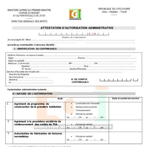 Aperçu du document ATTESTATION AUTORISATION ADMINISTRATIVE 21 04 16 — Guide de procédure, Côte d'Ivoire