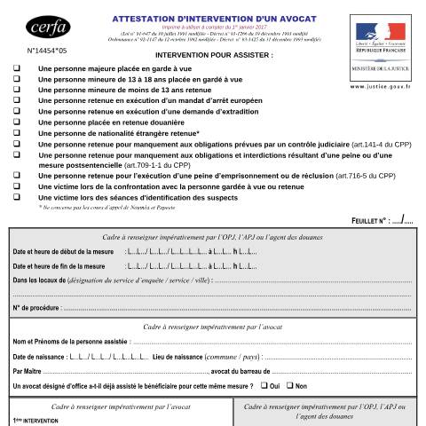 Aperçu du document Attestation d'intervention d'un avocat pour l'assistance d'une personne placée en garde à vue, en retenue ou d’une victime — Particuliers, France (CERFA n°14454*05)