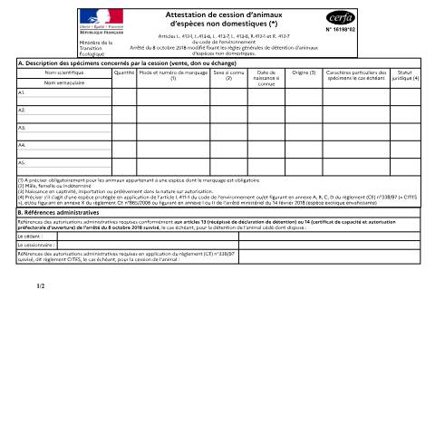 Aperçu du document Attestation de cession d'animaux d'espèces non domestiques — Particuliers, France (CERFA n°16198*02)