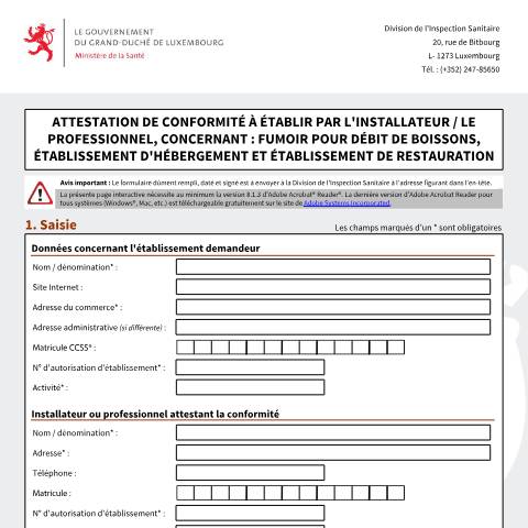 Aperçu du document Attestation de conformité d'un fumoir — Horeca, Luxembourg (CERFA n°attestation-conformite-fumoir)