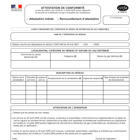 Aperçu du document Attestation de conformité d'un réseau de distribution de gaz combustible — Professionnels, France (CERFA n°14528*01)