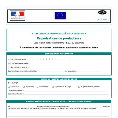 Aperçu du document Attestation de disponibilité de la ressource - organisation de producteurs — Professionnels, France (CERFA n°15729*03)