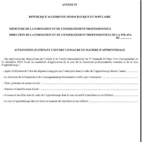 Aperçu du document Attestation justifiant l’effort consacré en matière d’apprentissage — Attestations, Algérie (CERFA n°Attestation justifiant leffort consacre en matiere dapprentissage)