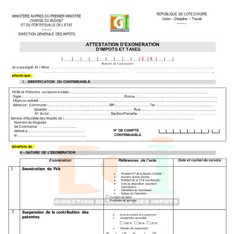 Aperçu du document ATTESTATION EXONERATION IMPOT ET TAXE 21 04 16 — Guide de procédure, Côte d'Ivoire