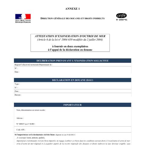 Aperçu du document Attestation d'exonération d'octroi de mer — Professionnels, France (CERFA n°15567*01 (annexe 1))