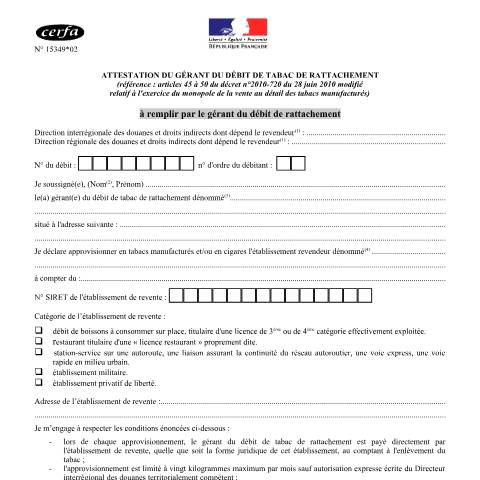 Aperçu du document Attestation du gérant du débit de tabac de rattachement — Professionnels, France (CERFA n°15349*02)