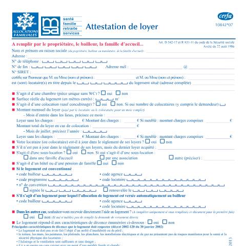 Aperçu du document Attestation de loyer ou résidence en foyer — Particuliers, France (CERFA n°10842*07)