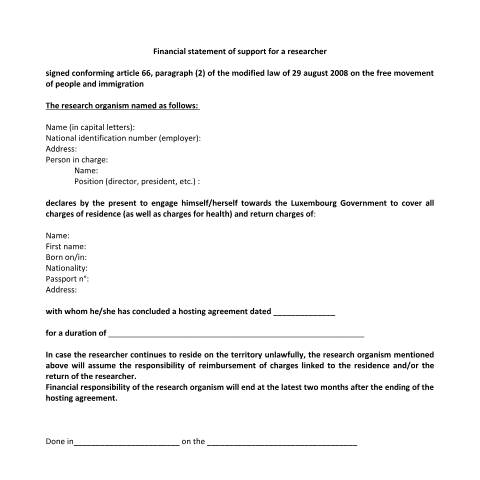 Aperçu du document en Financial statement of support for a researcher — Immigration tiers chercheur, Luxembourg (CERFA n°attestation-prise-charge-chercheur)