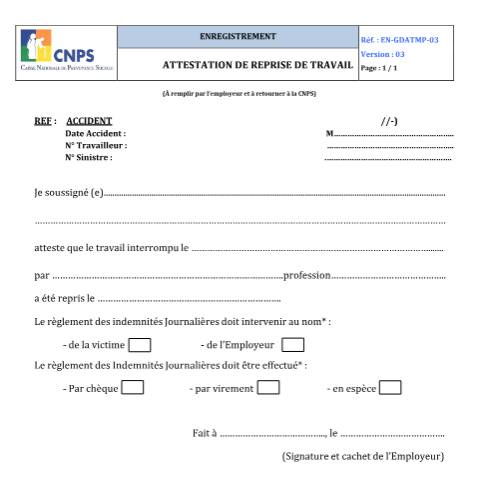 Aperçu du document ATTESTATION DE REPRISE DE TRAVAIL ATMP (version 03) — Document CNPS (prévoyance sociale), Côte d'Ivoire