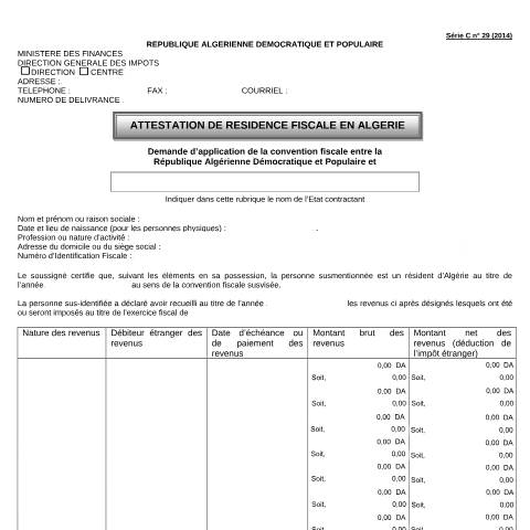 Aperçu du document CFI_C29_Attestation de résidence fiscale en Algérie — Attestations, Algérie (CERFA n°CFIC29Attestation de residence fiscale en Algerie)