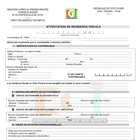 Aperçu du document ATTESTATION DE RESIDENCE FISCALE — Guide de procédure, Côte d'Ivoire