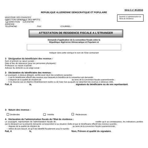 Aperçu du document CFI_C30_FR Attestation de résidence fiscal à l'étranger — Attestations, Algérie (CERFA n°CFIC30FR Attestation de residence fiscal a l etranger)