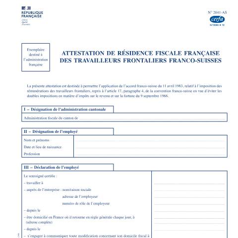 Aperçu du document Attestation de résidence fiscale française des travailleurs frontaliers franco-suisses — Particuliers, France (CERFA n°13396)