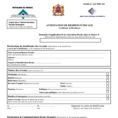 Aperçu du document Attestation de résidence fiscale – non résident au Maroc — Impôt sur le revenu ; Impôt sur les sociétés ; Taxe sur la valeur ajoutée, Maroc (CERFA n°AAC300F-12I)