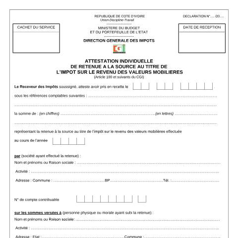 Aperçu du document 07 ATTESTATION INDIVIDUELLE DE RETENUE A LA SOURCE AU TITRE DE LIMPOT SUR LE REVENU DES VALEURS MOBILIERES — Imprimé / Formulaire fiscal, Côte d'Ivoire