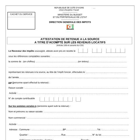 Aperçu du document 04 ATTESTATION DE RETENUE A LA SOURCE A TITRE DACOMPTE SUR LES REVENUS LOCATIFS — Imprimé / Formulaire fiscal, Côte d'Ivoire