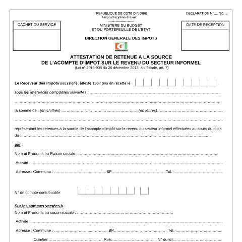 Aperçu du document 14 ATTESTATION DE RETENUE A LA SOURCE A TITRE DACOMPTE DIMPOT SUR LE REVENU DU SECTEUR INFORMEL — Imprimé / Formulaire fiscal, Côte d'Ivoire