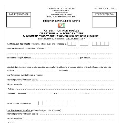 Aperçu du document 15 ATTESTATION INDIVIDUELLE DE RETENUE A LA SOURCE A TITRE DACOMPTE DIMPOT SUR LE REVENU DU SECTEUR INFORMEL — Imprimé / Formulaire fiscal, Côte d'Ivoire