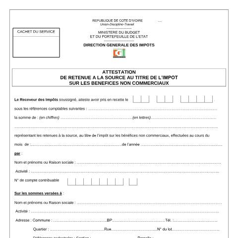 Aperçu du document 02 ATTESTATION DE RETENUE A LA SOURCE AU TITRE DE LIMPOT SUR LES BENEFICES NON COMMERCIAUX — Imprimé / Formulaire fiscal, Côte d'Ivoire